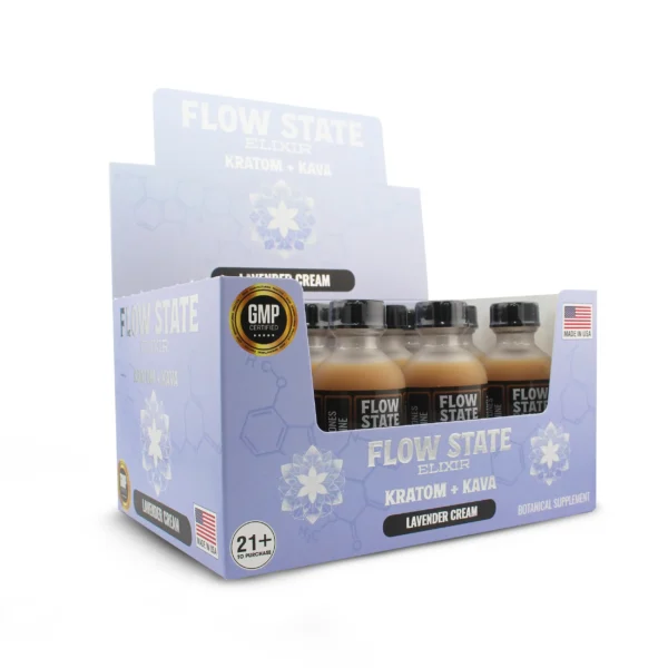 Flow State Elixir Kava Kratom Shot 60 ml Lavender Cream Display Box