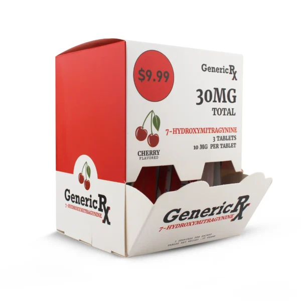 Generic RX 7-Hydroxy Kratom Extract Chewable Tablets 10 mg 3 Count Cherry Display Box Front