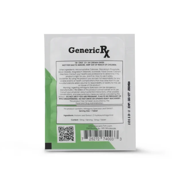 Generic RX 7-Hydroxy Kratom Extract Chewable Tablets 10 mg 3 Count Mint Back