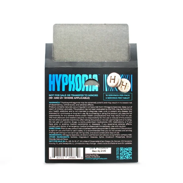 7-Hydroxy Pure Extract Hyphoria Blue Razz 30 mg Tablets Display Box Back
