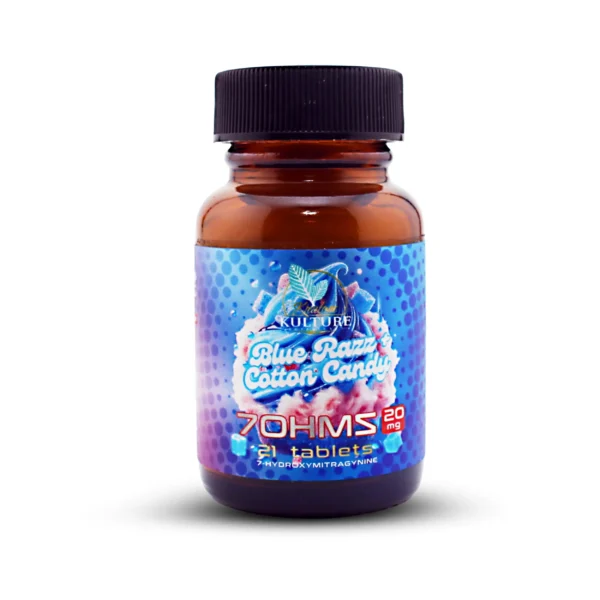21 Count Kratom Kulture 7-Hydroxy Platinum Chewable Tablets Blue Razz Cotton Candy Front