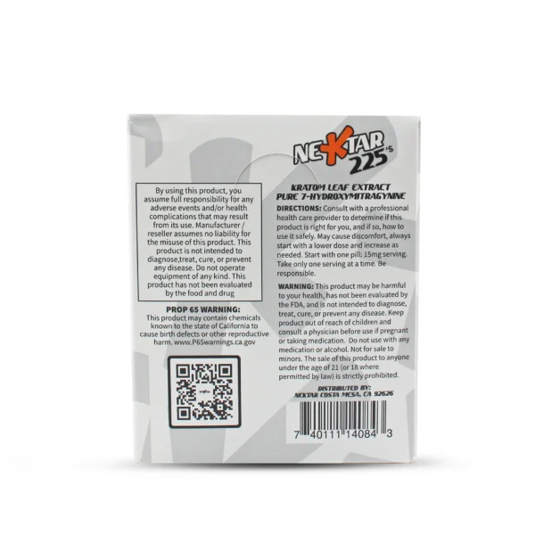 Nektar 225's 7-Hydroxy Kratom Leaf Extract Chewable Tablets 15 mg 15 Count Natural Display Box Back