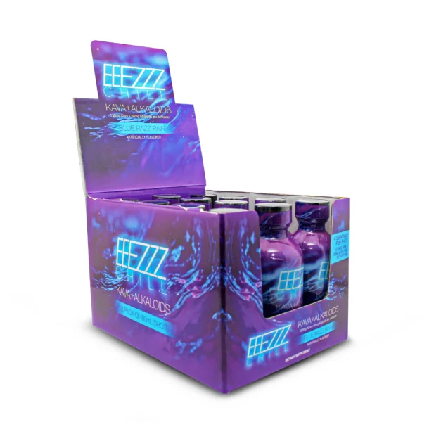 EEEZZZ Chill Kava + Alkaloids Shot 60 ml Blue Razz Rain Display Box Front