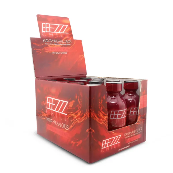 EEEZZZ Chill Kava + Alkaloids Shot 60 ml Strawberry Burst Display Box Front