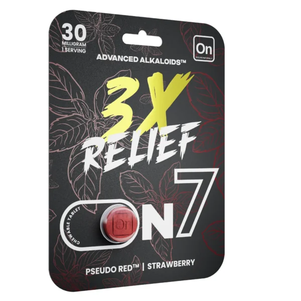 On7 Pseudo Red 3X Relief 30 mg Kratom Chewable Tablet 1 Count Strawberry Front