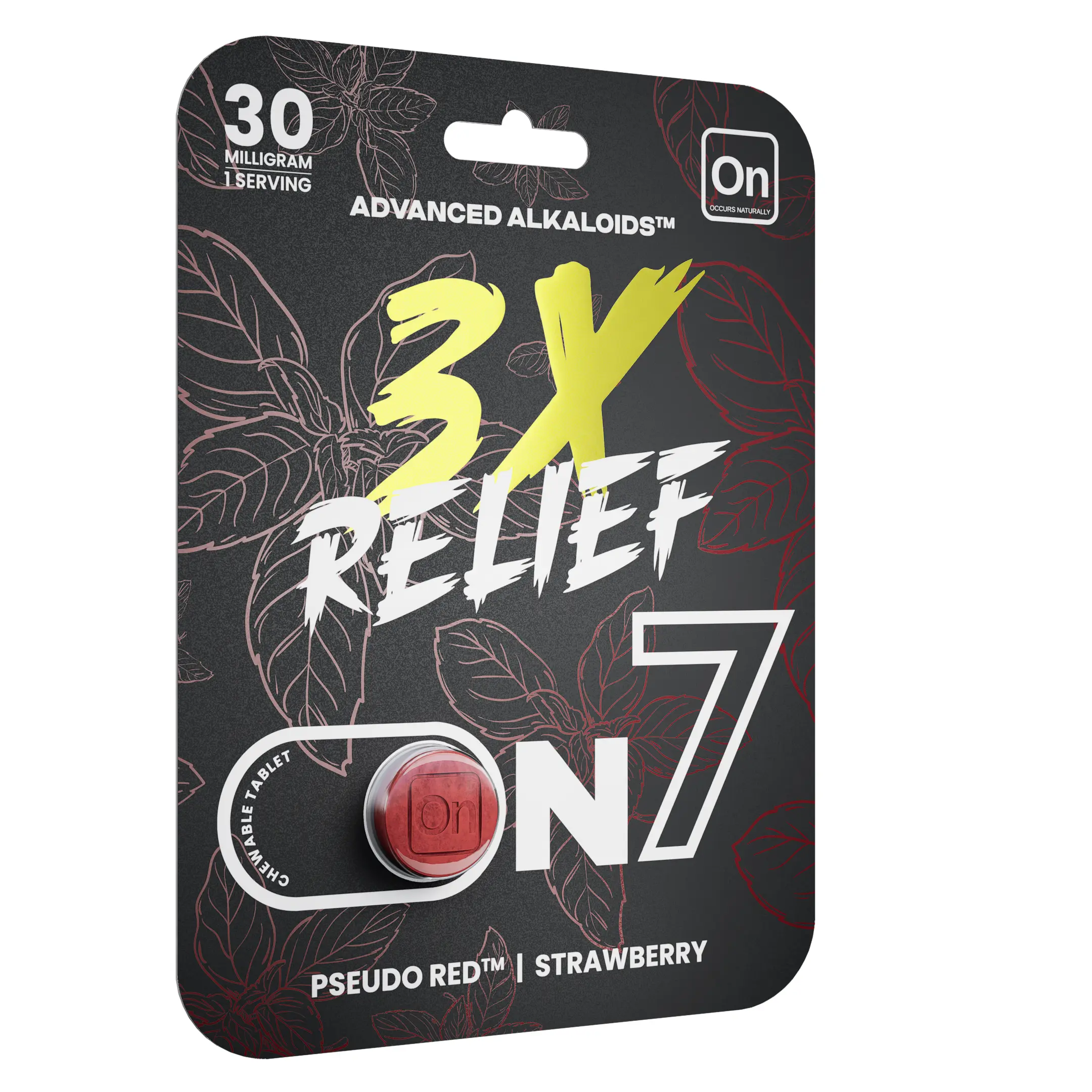 On7 Pseudo Red 3X Relief 30 mg Kratom Chewable Tablet 1 Count Strawberry Front