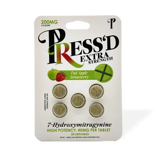 Press'd 7-Hydroxy Extra Strength Kratom Extract Tablets 40 mg 5 Count Fuji Apple Strawberry