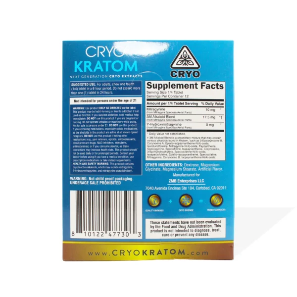 Cryo Kratom Beyond 7 3M Alkaloid Tablets 250mg 3 Count Mint Chocolate Display Box Back